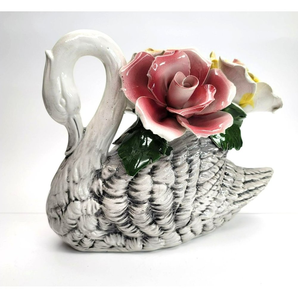 Vintage Capodimonte Swan Vase Bird Flower Figure Decor PD109